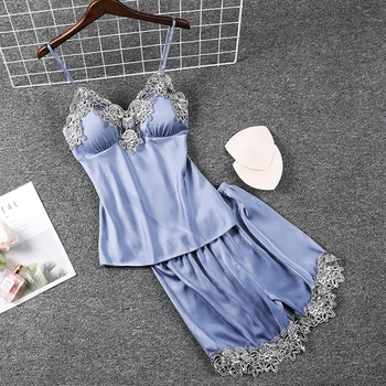 

Strap Top&Short Satin 2PCS Pajamas Set Women Lace Patchwork Intimate Lingerie 2020 New Sleepwear Pyjamas Sexy Nightgown