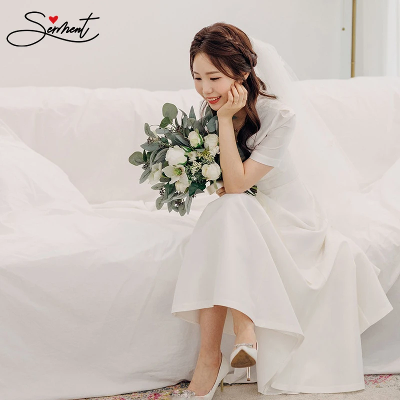 SERMENT простой сатин с коротким рукавом v-образным вырезом свадебное платье длиной до лодыжки на шнуровке японский и корейский Тонкий Стиль свадебное платье es
