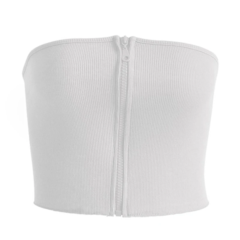 Women Tube Top Women Sexy Strapless Front Zipper Bandeau Tube Top Knitted Ribbed Cropped Tops - Цвет: white