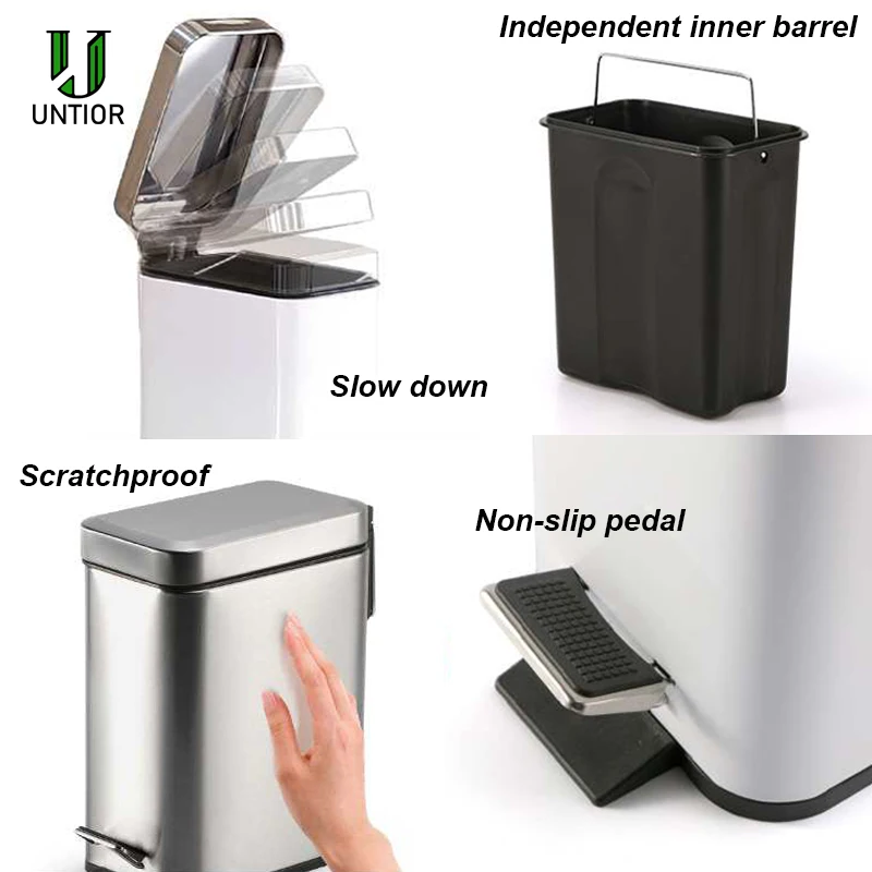 UNTIOR Silent Stainless Steel Trash Can 5L Rectangular Step Kitchen Waste Bin for Bathroom Kitchen Living Room Office Trash Bin