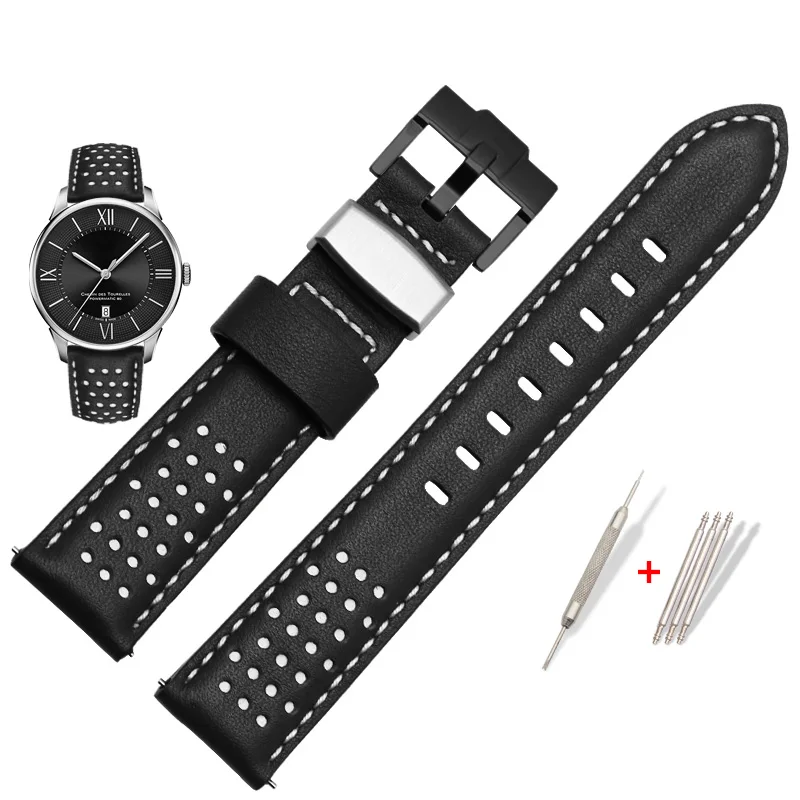 Ремешок для часов из натуральной кожи, кожаный браслет 20 мм, черный, синий, ремешок для часов, стальной круг, наручные часы, ремни - Цвет ремешка: black black buckle