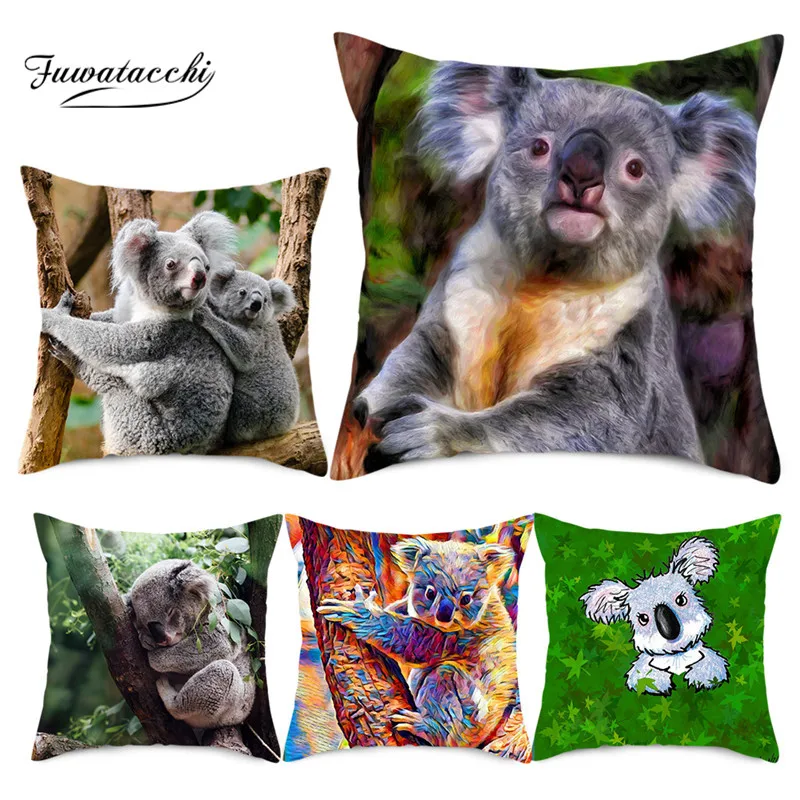 

Fuwatacchi Animal Cushion Cover HD Koala Panda Printed Pillows Cover Polyester Pillowcase for Home Sofa Decorative Pillows 45*45