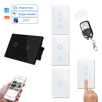 

Wifi Switch Alexa Google Home Glass Touch Panel Voice Control with No Neutral Wire 1/2/3-Gang with Smart Remote Controller US