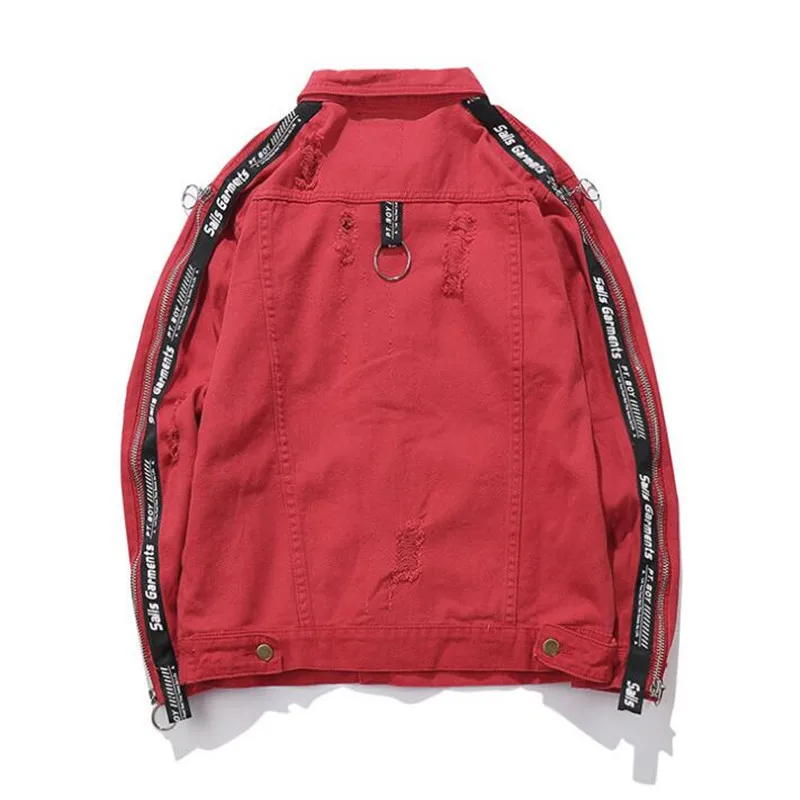 KIMSERE Для Мужчин's Марка NEW Fashion Hi Street Хип Хоп рваные джинсовые куртки уличной моды разрушенная деним джинсовая куртка Верхняя одежда черный, красный