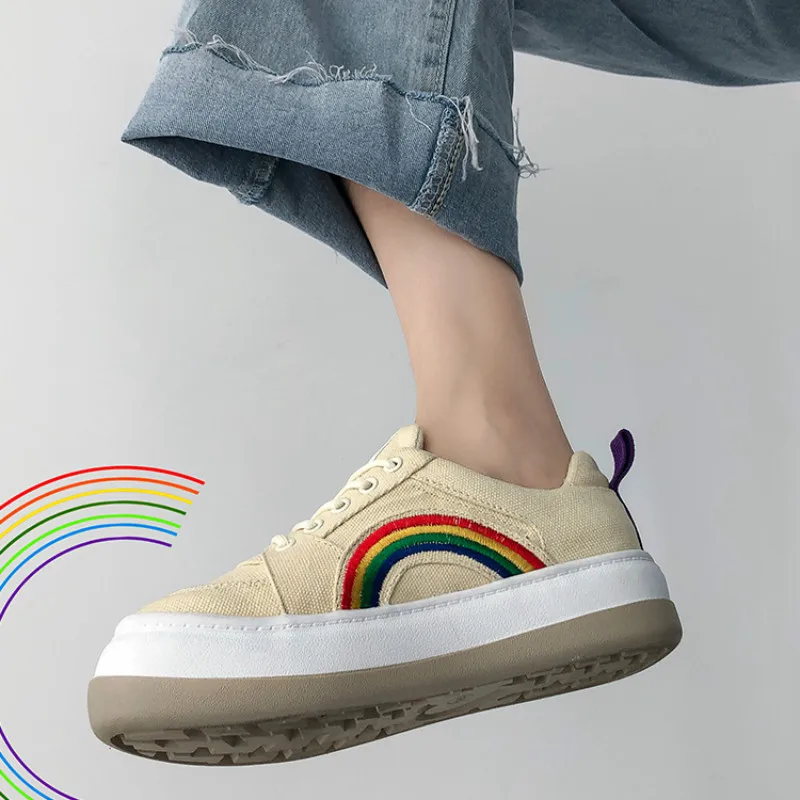 

QWEDF New Fashion Black Breathable Classic High Women Canvas Sneakers Rainbow Vulcanized Shoes Women Canvas Shoes Casual G9-58