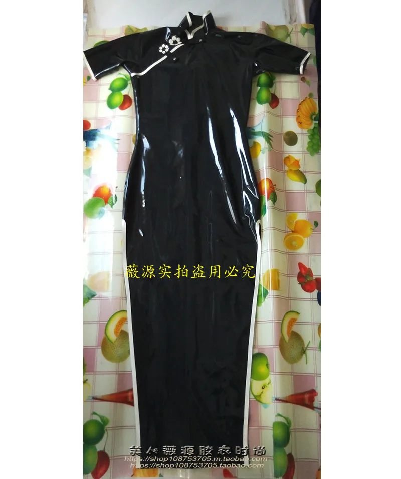 Sexy-Women-Black-Latex-Cheongsam-Dress-Fetish-Side-Split-Rubber-Slim-Long-Dress- 6