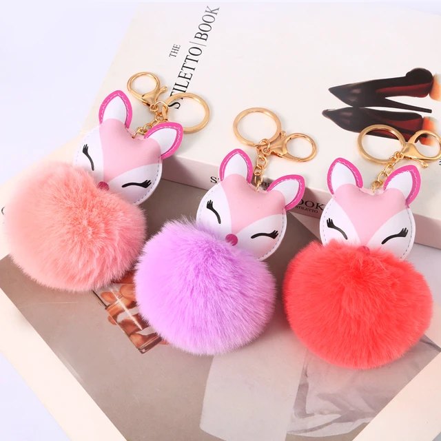 Fluffy Small Fur Ball Keychain Cute Fox Soft Plush Car Keyring