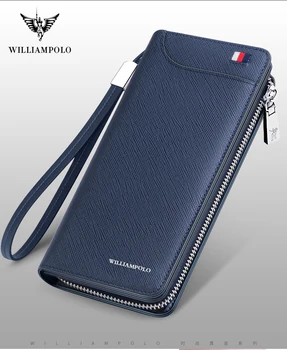 

WILLIAMPOLO Genuine Leather Men Long Wallet Zipper Luxury Brand Business Clutch Bag Wallet Card Organized Fit Cell Phone