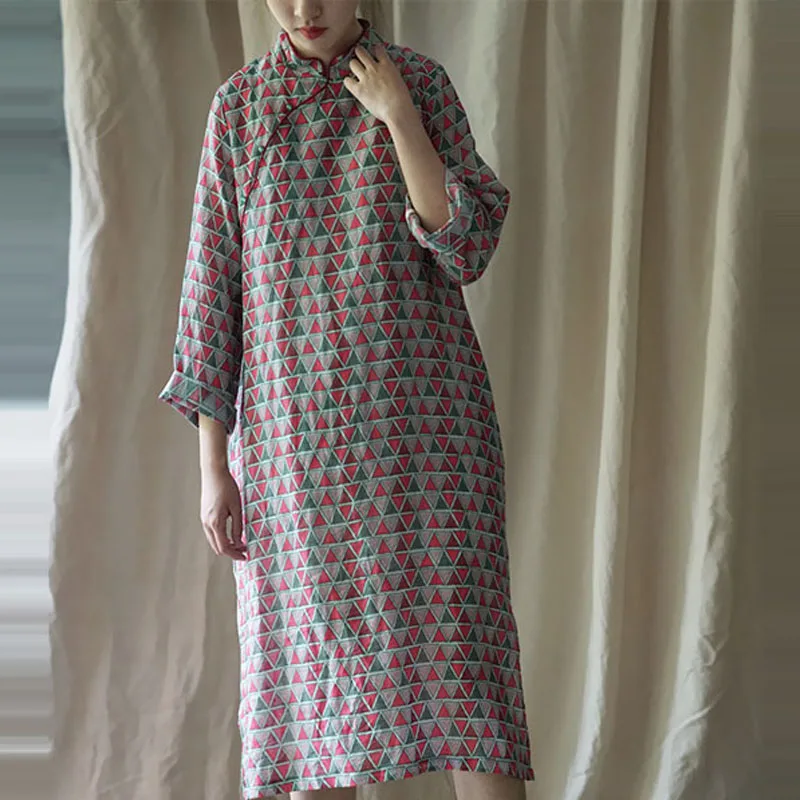 

Autumn Simple Vintage Cotton Linen Floral Print Double Layer Long Sleeve Slit Cheongsam 2019 New Stand Women Dresses