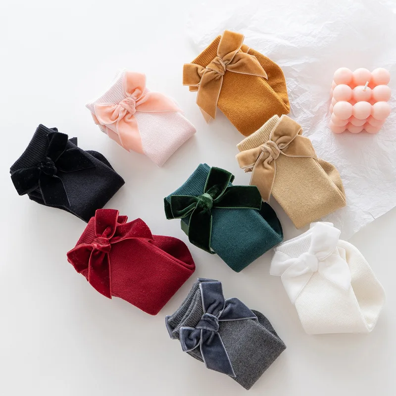 Citgeett Solid Newborn Baby Girls Boys calza alta classica fiocco in velluto di cotone per neonati 0-3Y - immagine 4