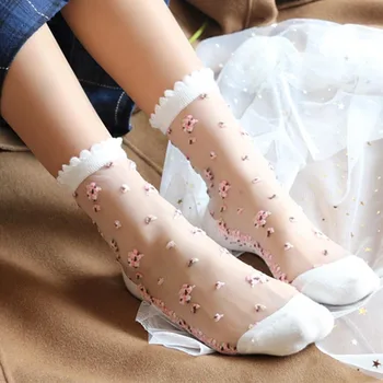

5 Pairs Cute Transparent Soft Summer Crystal Silk Breathable Spring Lace Women Socks Rose Flower Elastic Short Girls Ultra Thin