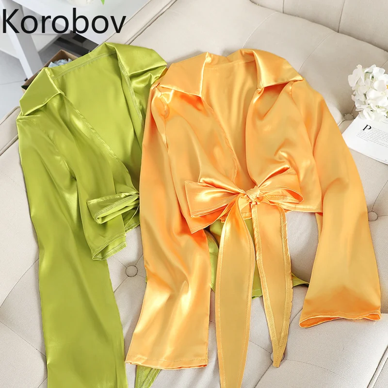

Korobov Korean Turn-Down Collar Long Sleeve Women Blouses 2020 Summer New Chic Female Shirts Elegant Solid Bow Mujer Blusas
