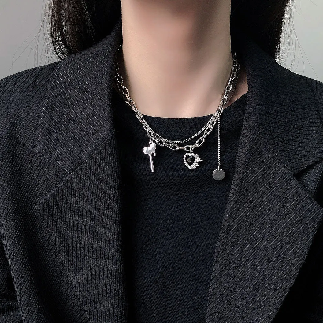 Kpop Vintage Stainless Steel Double Heart Pendant Thick Chain Necklace