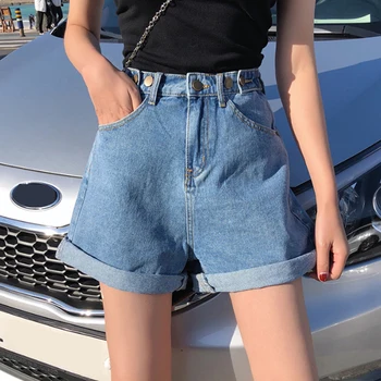 

Beige Denim Shorts Women Classic Vintage High Waist Blue Wide Leg Female Casual Summer Ladies Shorts Jeans For Women