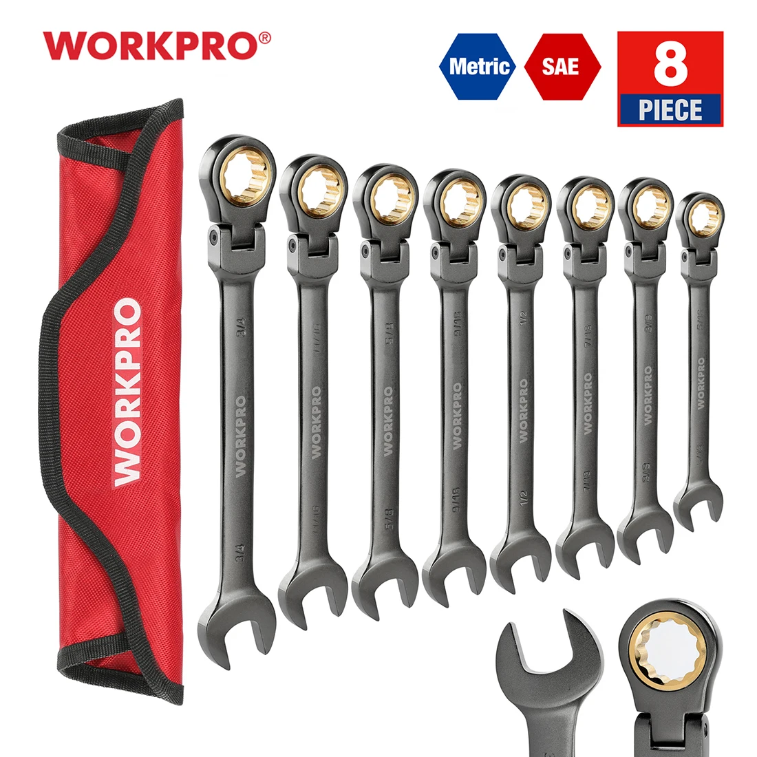 Workpro 8pcレンチフレックスヘッドラチェットコンビネーションレンチセットメトリック/saeホームの修復ツール