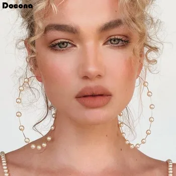 

Docona Fashion Exaggerated Imitation Statement Pearl Round Circle Hoop Earrings Vintage Women Metal Gold Big Earrings 8413