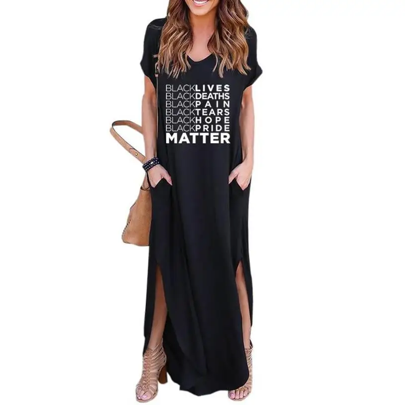 

Women's Summer African Black Lives Matter Woman Long Dress Casual Loose Pocket Short Sleeve Maxi Dresses 5XL Drop Ship