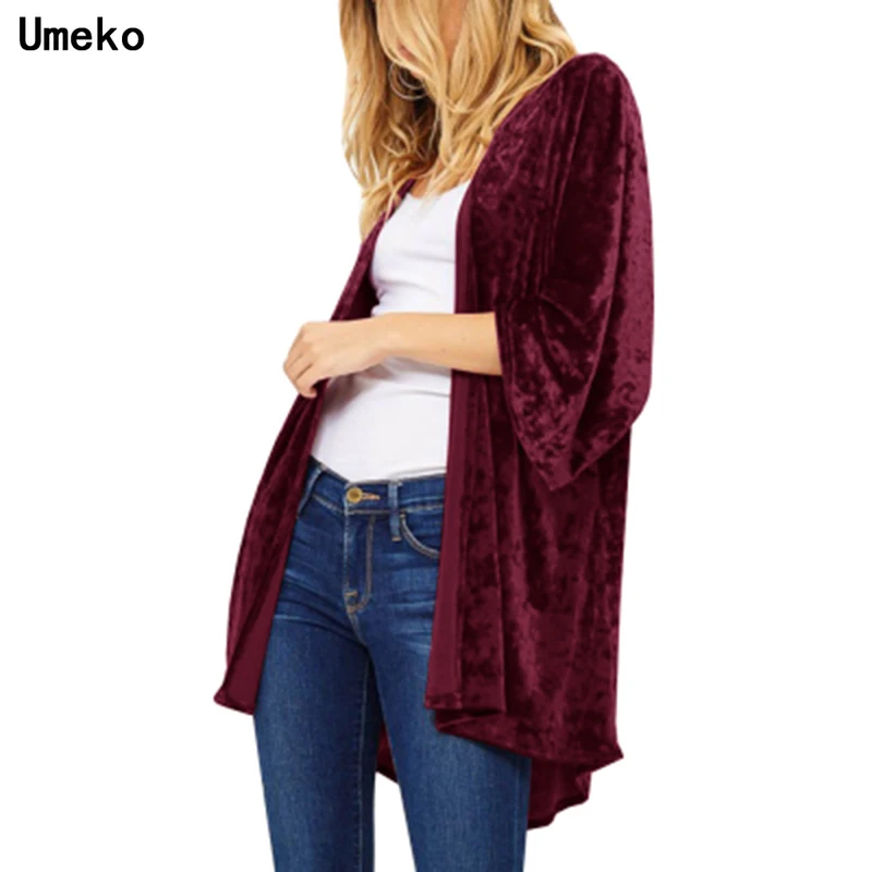 Umeko, Осеннее женское бархатное пальто с открытой передней частью и длинным рукавом, Весенняя тонкая ветровка с отворотом, Сексуальные вечерние куртки макси, кардиган