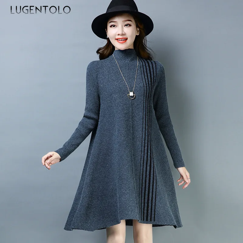 Lugentolo/женское платье; модное свободное платье с большим рукавом; средний размер Длинное свободное платье; сезон осень-зима; большие размеры; платье с высоким воротником