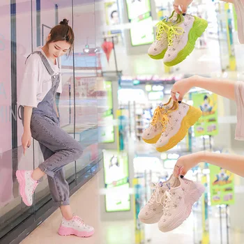 

2019 spring new women's shoes mesh rhinestones thick bottom muffin wedges hollowed out shoes breathable sports white shoes tide