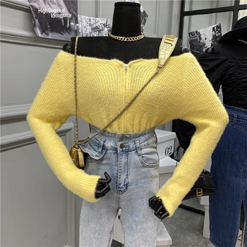 

Sexy Slash Neck Off-the-Shoulder Sweater Knitted Cardigan Women's Zipper Slimming Fall Sweaters for Women Sexy & Club