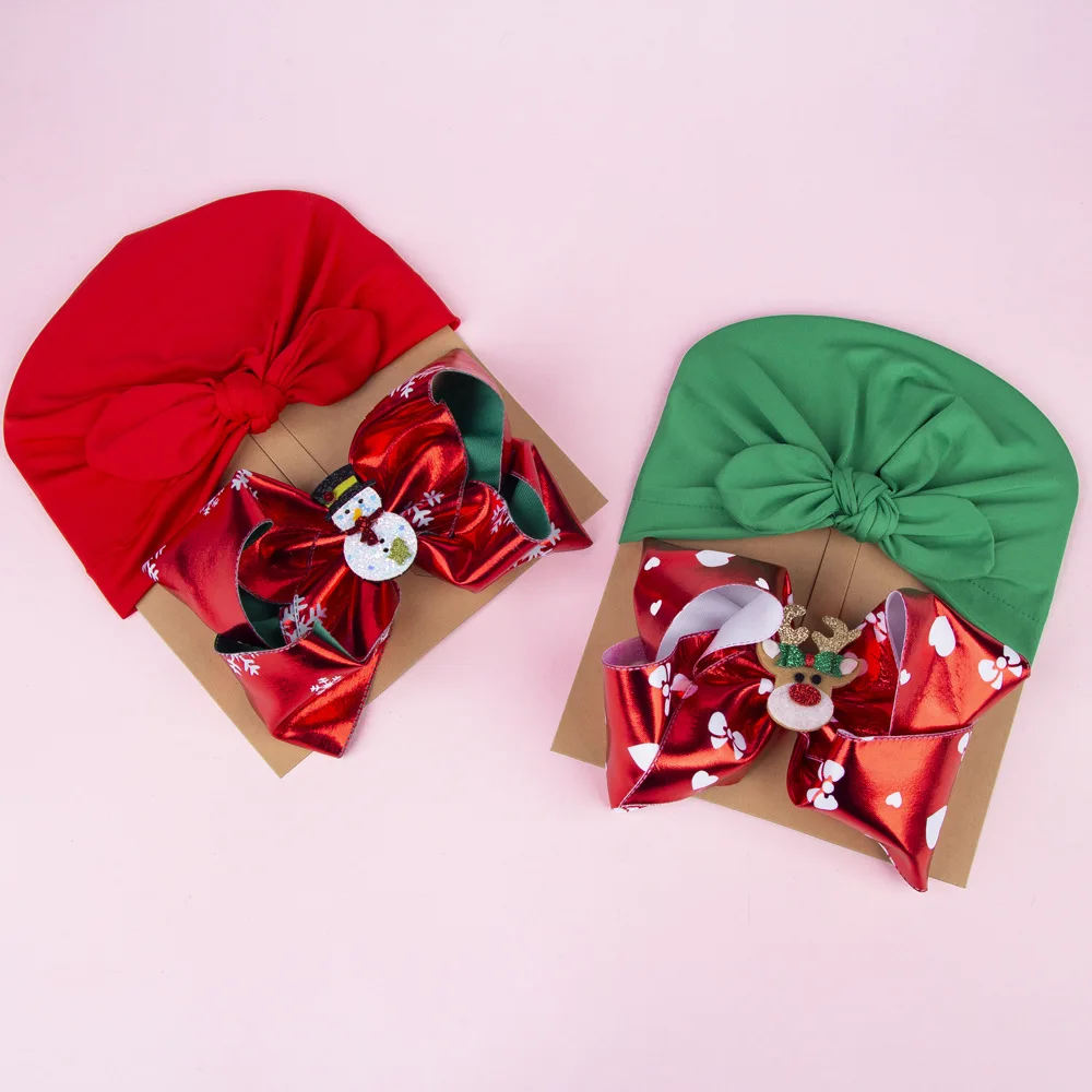 

6Sets/lot Christmas Hat & Bonnet bowknot children's hats hair bow Baby child hat for Christmas wholesale