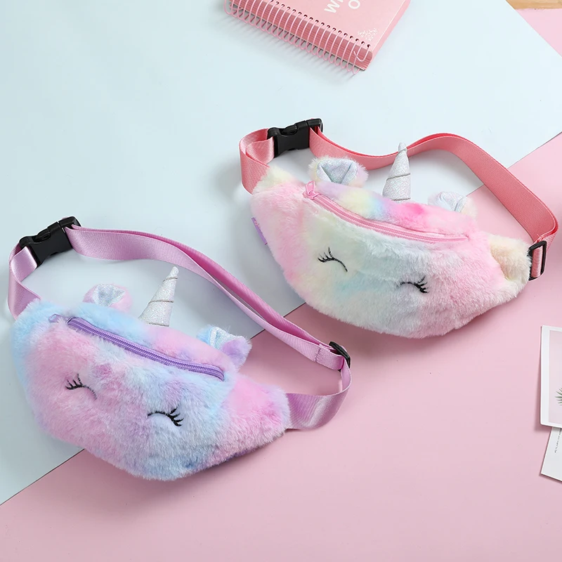 

Student Winter Fur Unicorn Waist Bag Girl Rainbow Fur Chest Bag Cartoon Corduroy Plush Fanny Pack Teenager Cute Belt Bag Pocket