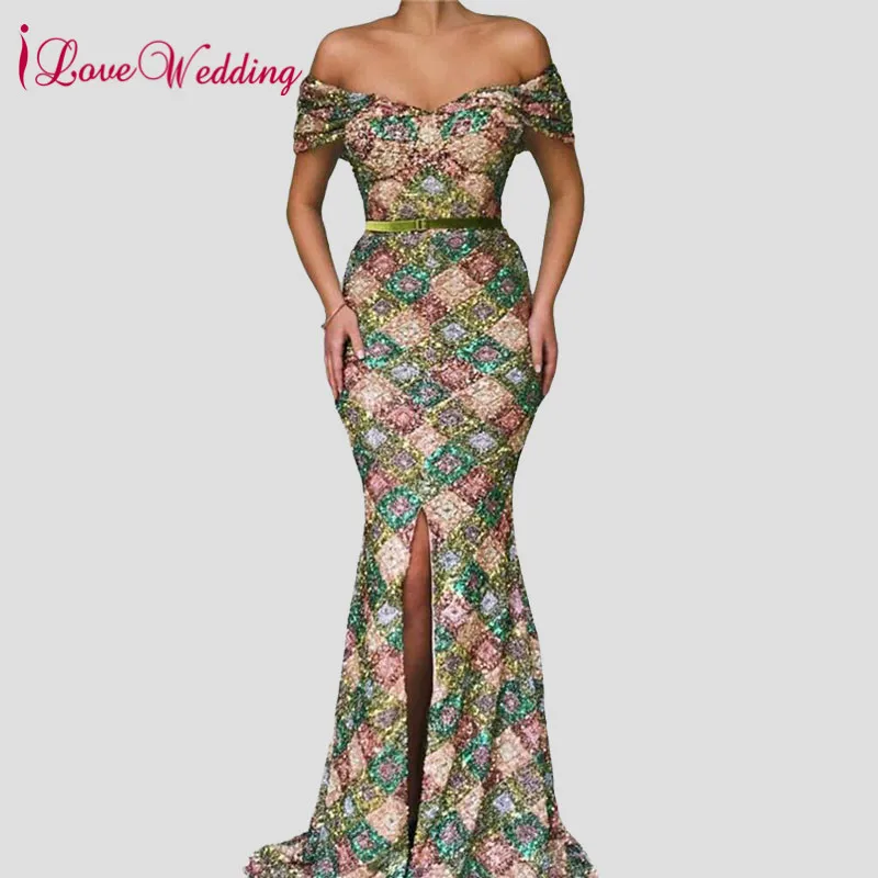 

Sparkly Sequin Evening Dress 2019 Off the Shoulder Mermaid Formal Dress Sexy Front Split Formal Evening Dresses Long for Party