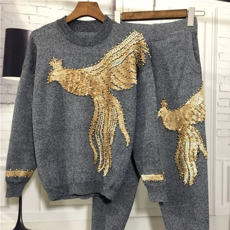 

2020 Women Winter Beading Sequined Pattern Long Sleeve Knitted Pullover Tops Trousers 2 Pieces Sets Clothing Fashion Streetwear