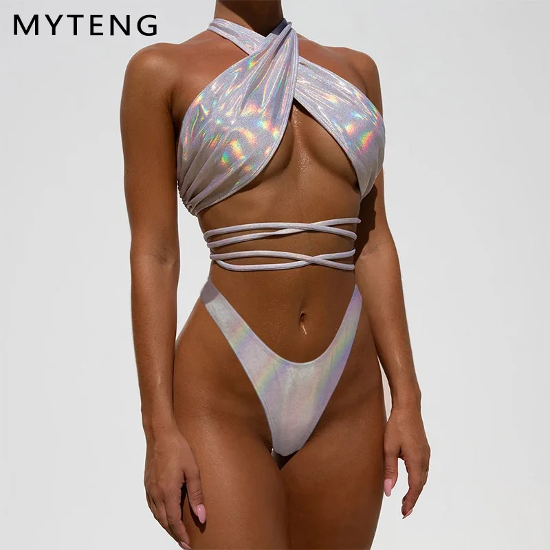 Новинка 2020 женский купальник бикини серебряный с высокой посадкой открытая