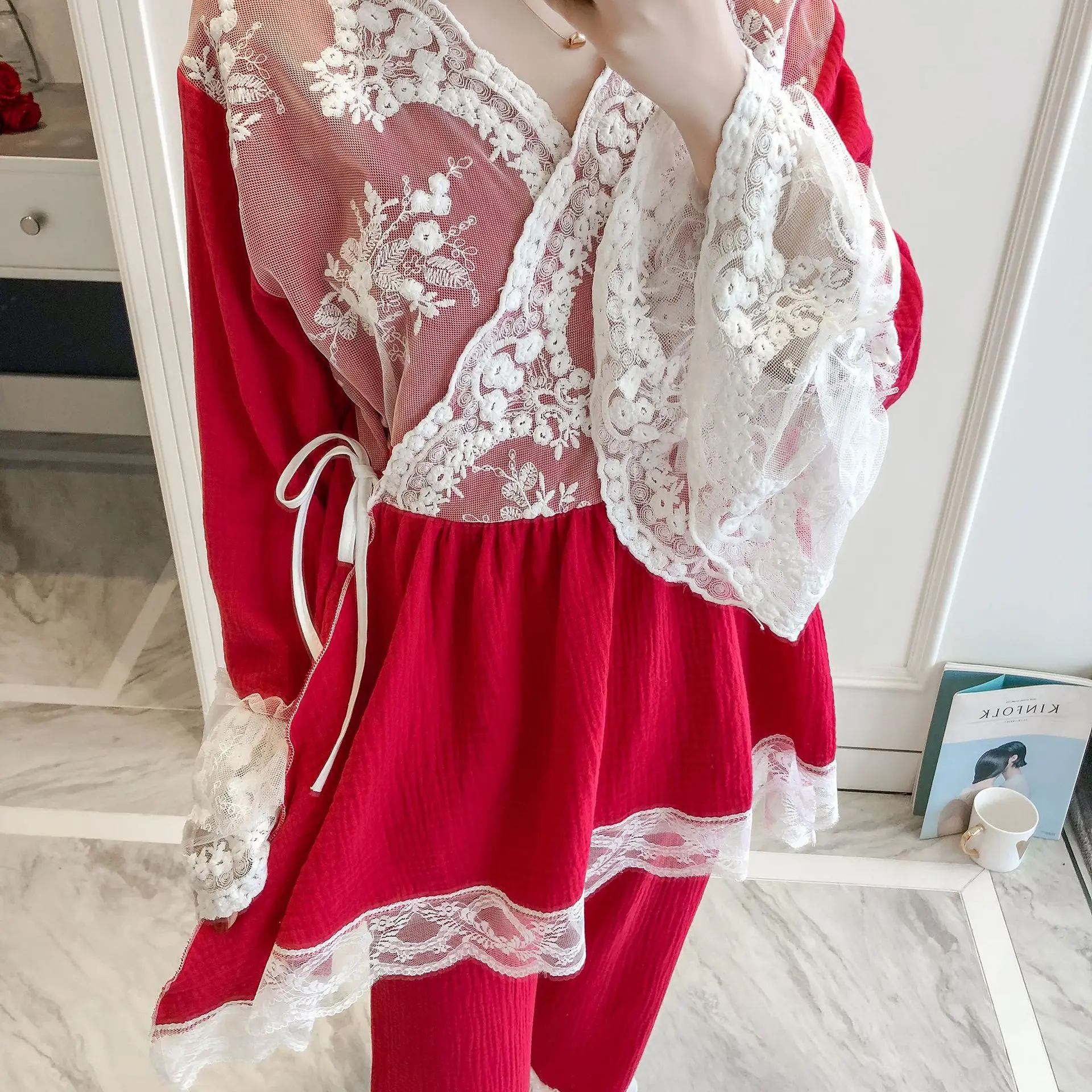 Новая женская пижама в дворцовом стиле, свободная Милая одежда для сна, Корейская Пижама с кружевами, хлопковый комплект для сна Kawaii, домашняя одежда, тонкий пижамный комплект