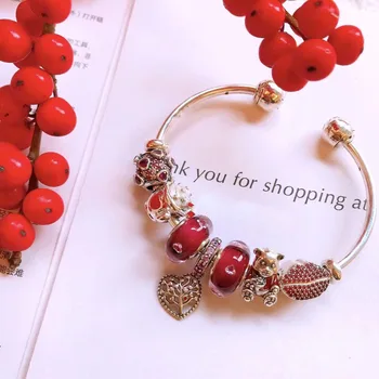 

High Quality Reproduction 1:1 100%925 Pure Silver Charm Red Glaze Beads Wishing Tree Bear Decorated Bracelet Free Shipping