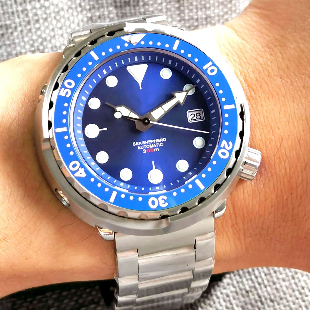 46.5mm Tandorio Blue Dial Ceramic Bezel Japan NH35A Luminous Marks Steel Bracelet 300M Waterproof Automatic Men's Watch