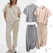 

Elmsk Pants Two Piece Set 2021 England Style Fashion Solid O-neck Short Hoodies and Jogger Conjuntos De Mujer Tracksuit Women