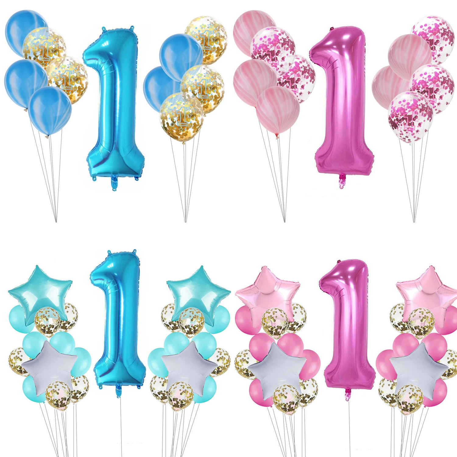 

1set Agate Color Baby Boy Girl First Birthday 1 Year Old Round Latex Confetti Foil Balloon Baby Birthday Party Baby Shower Decor