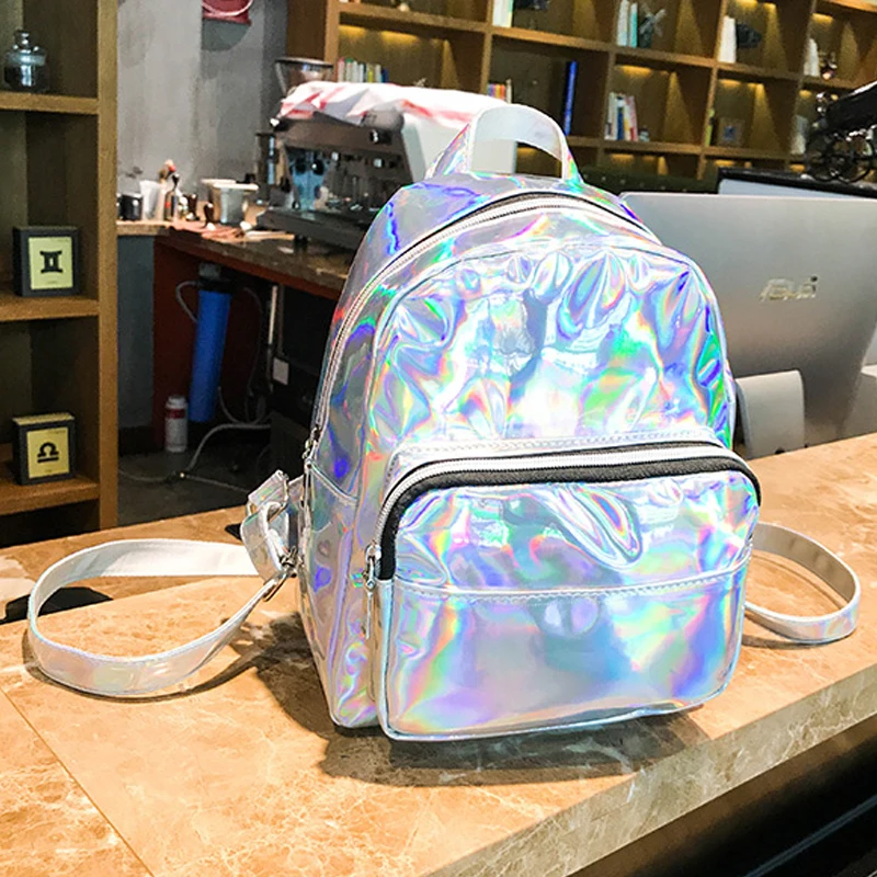 

Women School Shiny Laser Mini Travel Student Cute Ladies Leather Hologram Backpacks Silver Small Holographic Backpack 362