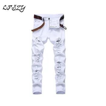 

Jeans men 2020 New Men's Casual Hole Elastic Trousers Slim Denim Men's Multi-Hole White pants More Size 28-40 42