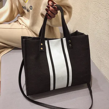 

Ladies portable briefcase OL professional business commuting stripes simple square canvas big bag shoulder bag hand bags women