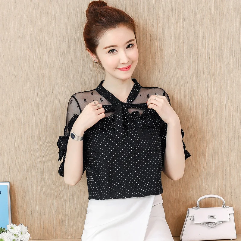 

COIGARSAM Short Sleeve blouse women New Summer Spring Polka Dot Lace Chiffon blusas womens tops and blouses White Black 8335