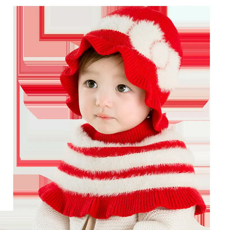 Брендовый комплект из 2 предметов для маленьких девочек, шарф принцессы+ шапка, зимний теплый вязаный шарф, шаль, Лидер продаж, скидки на 0-28 месяцев - Цвет: Красный