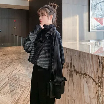 

2020 Spring and Autumn High-necked Shirt Long-sleeved Black and White Striped Stylish Blouse Loose Large Size Long Women Top 206