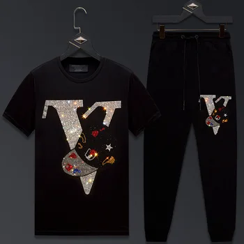 

2020 Men Clothing Sportswear Rhinestones Summer Suit Fitness Long Mens Track Suit Set 2 Pieces Casual Jogger Sets Plus Size 6XL