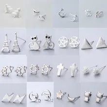 925 Твердые Настоящее Стерлинговый Серебряный пирсинг крест Кот Вышивка «звёздочки» или «бриллианты», серьги со шпилькой, для Для женщин детская pendientes Brincos