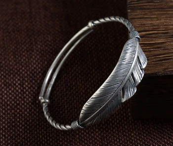 

990 Sterling Silver feather Bangle Bracelet Women jewelry adjustable A3438