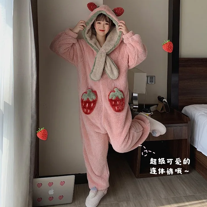 

Winter Korean-style Coral Velvet One-piece Pajama Women's Student Network Red Cute Cartoon Flannel Thick Homewear Set