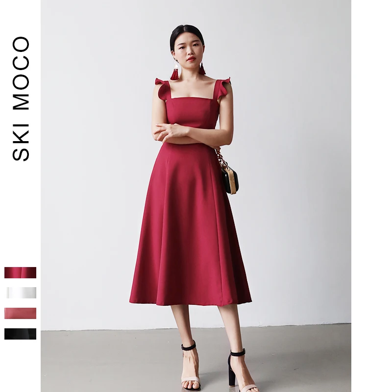 

Elegant Women Dress Petal Sleeves Square neck High Waist A Line Draped Dresses Mid-calf Runway dress vestido feminino