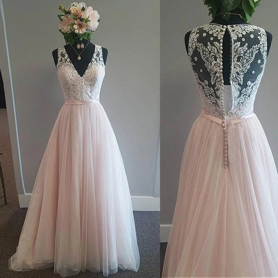 Modest-Tulle-V-neck-Neckline-A-Line-Wedding-Dress-With-Lace-Appliques-Belt-Pink-Tulle-Bridal