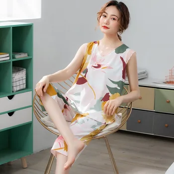 

Pajamas Suit Big Size Women Modal Sleep Set Print Flower 2PCS Sleepwear Nightwear Summer Casual Sleeveless Home Clothes Negligee