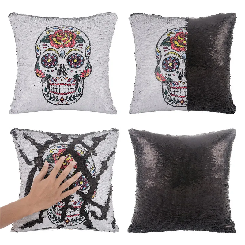 New Sequin Mermaid Cojines Pillow DIY Glitter Magical Reversible White Black Skull Cushion Cover Sofa Home Decorative Pillowcase | Дом и сад