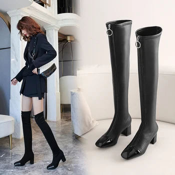 

Elegant Women genuine leather Knee High Boots Zipper Winter Warm Long Boots Female Vintage patchwork Shoes Woman size 41 42 43